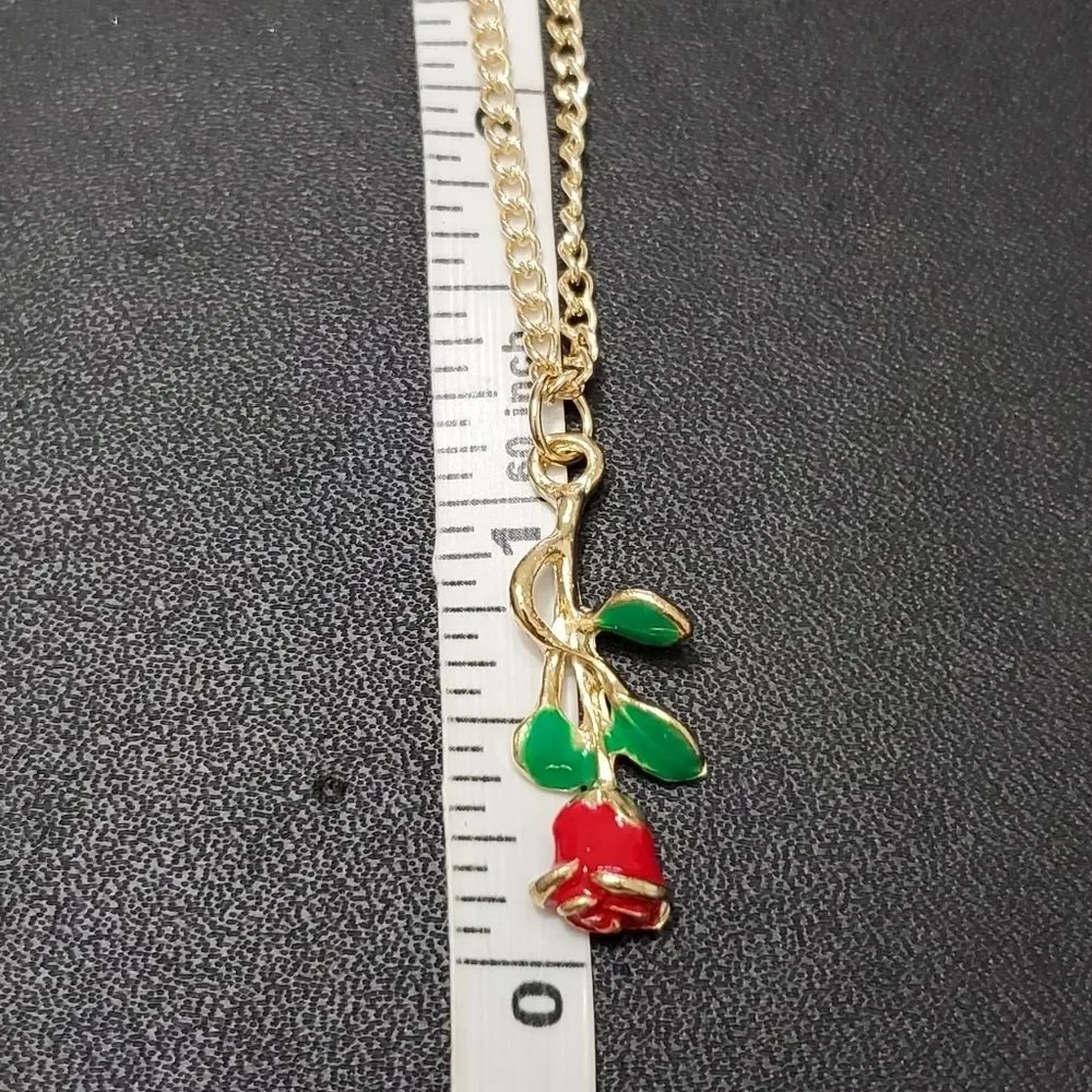Gold tone red enamel rose pendant necklace 20-22